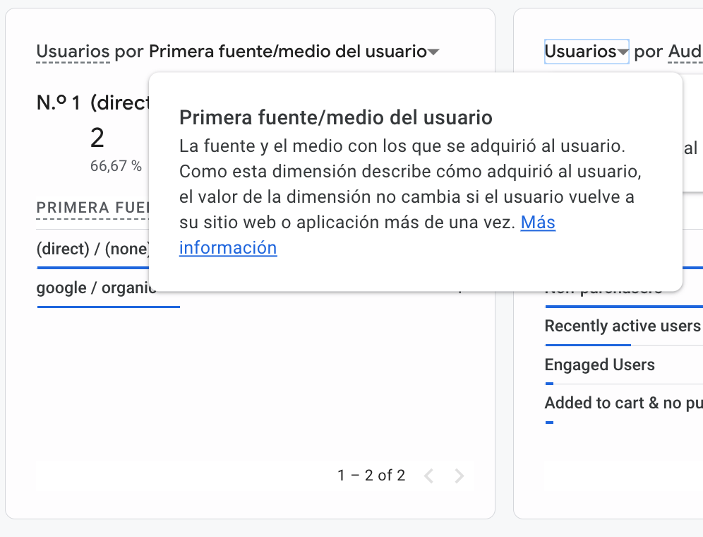 indica la Primera fuente del usuario, esto es desde dónde llegó la primera vez que visitó nuestra web.